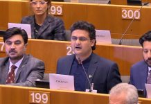 Senator Faisal Javed makes a speech at the European Parliament.